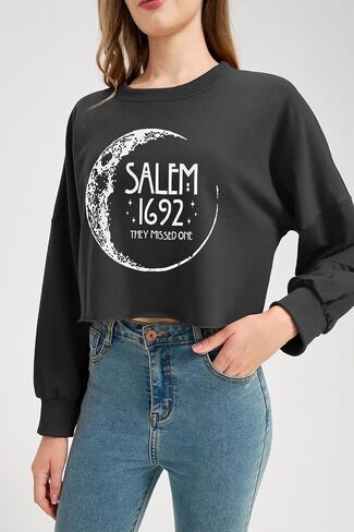 سويت شيرت نسائي Witch Salem 1692 They Missed One Crop Sweatshirt الخريف والهالوين القمر جرافيك فانوس طويل الأكمام للعطلات (XXL، رمادي 2) in Saudi Arabia