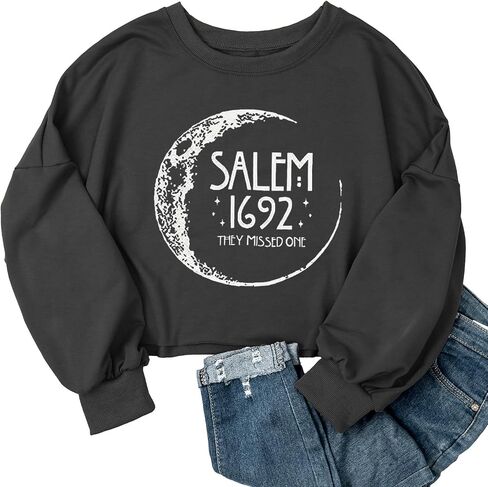 سويت شيرت نسائي Witch Salem 1692 They Missed One Crop Sweatshirt الخريف والهالوين القمر جرافيك فانوس طويل الأكمام للعطلات (XXL، رمادي 2) in Saudi Arabia