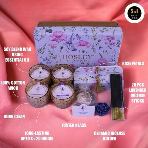 Hosley Fragrance Gift Set - 4 Gold Glass Scented Candles with Ceramic Incense Holder, 20 Incense Sticks & Rose Petal Bag for Meditation, Aromatherapy, Spa, Wedding in Saudi Arabia