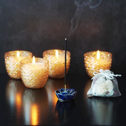 Hosley Fragrance Gift Set - 4 Gold Glass Scented Candles with Ceramic Incense Holder, 20 Incense Sticks & Rose Petal Bag for Meditation, Aromatherapy, Spa, Wedding in Saudi Arabia