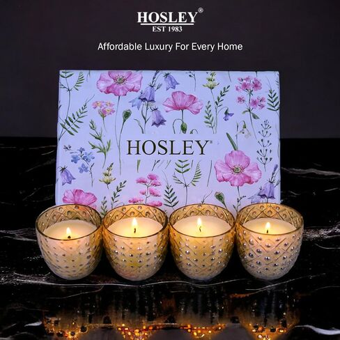 Hosley Fragrance Gift Set - 4 Gold Glass Scented Candles with Ceramic Incense Holder, 20 Incense Sticks & Rose Petal Bag for Meditation, Aromatherapy, Spa, Wedding in Saudi Arabia
