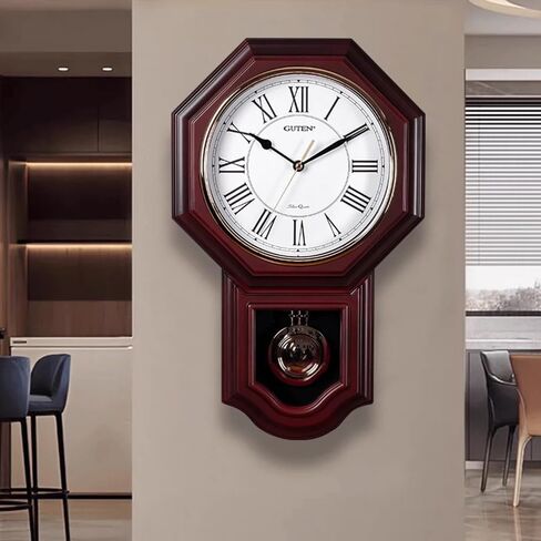 ساعة حائط بندول تعمل بالبطارية، إطار من خشب الماهوجني، أرقام رومانية، ساعة حركة اكتساح - ساعة حائط متناغمة لديكور غرفة المعيشة، هدية ديكور المكتب والمنزل، 18.5 × 11.5 بوصة in Kuwait