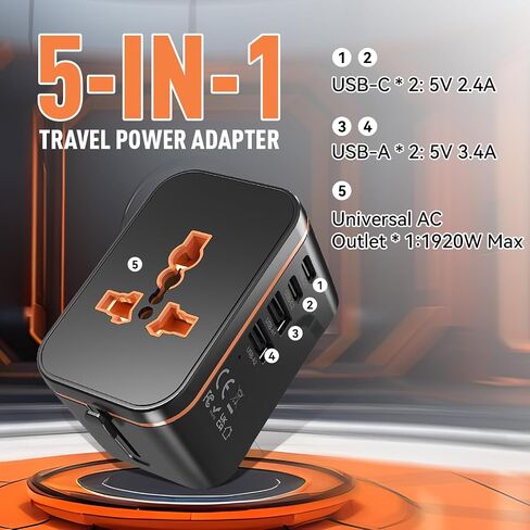 Travel Adapter, Universal Power Adapter Wall AC Power Plug with Type-C and USB-A Charging Ports for USA EU UK AUS Mobile Phones, Tablets, Laptops, MP3s and Shavers in Saudi Arabia