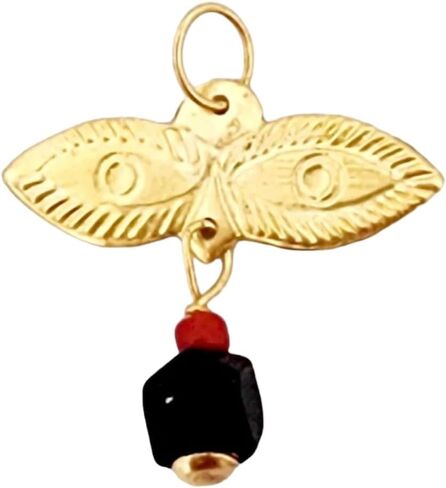 10K Yellow Gold Santa Lucia Eyes Charm with Genuine Azabache Jet Stone in Kuwait