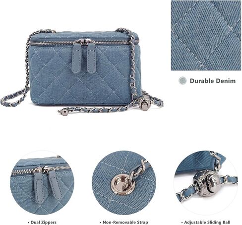 Mini Quilted Denim Crossbody Bag for Women, Small Jean Purse with Adjustable Chain Strap, Boxy Designer Vanity Case in Kuwait