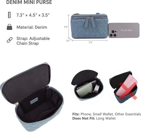 Mini Quilted Denim Crossbody Bag for Women, Small Jean Purse with Adjustable Chain Strap, Boxy Designer Vanity Case in Kuwait