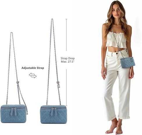 Mini Quilted Denim Crossbody Bag for Women, Small Jean Purse with Adjustable Chain Strap, Boxy Designer Vanity Case in Kuwait