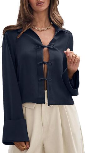 EVALESS Womens Blouses Cute Long Sleeve Bow Tie Front Shirts Going Out Tops Spring Summer Outfits Trendy 2025 in Saudi Arabia