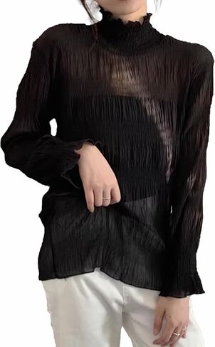 Women Ruffle Trim High Necked Cute Blouse Lantern Long Sleeve Tops Vintage Shirts in Kuwait