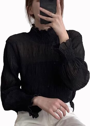 Women Ruffle Trim High Necked Cute Blouse Lantern Long Sleeve Tops Vintage Shirts in Kuwait