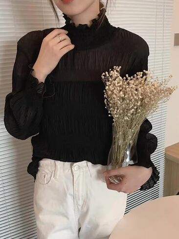 Women Ruffle Trim High Necked Cute Blouse Lantern Long Sleeve Tops Vintage Shirts in Kuwait