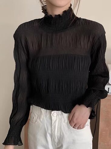 Women Ruffle Trim High Necked Cute Blouse Lantern Long Sleeve Tops Vintage Shirts in Kuwait