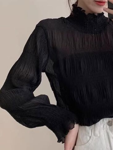 Women Ruffle Trim High Necked Cute Blouse Lantern Long Sleeve Tops Vintage Shirts in Kuwait
