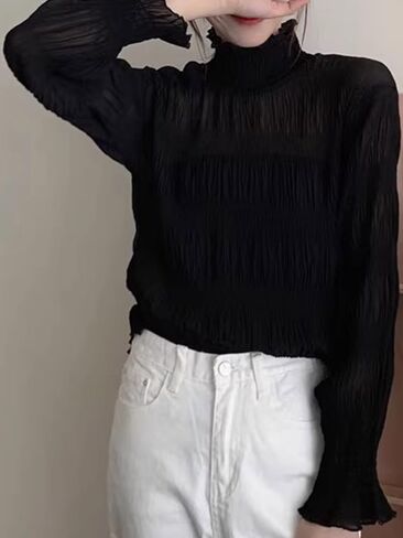 Women Ruffle Trim High Necked Cute Blouse Lantern Long Sleeve Tops Vintage Shirts in Kuwait