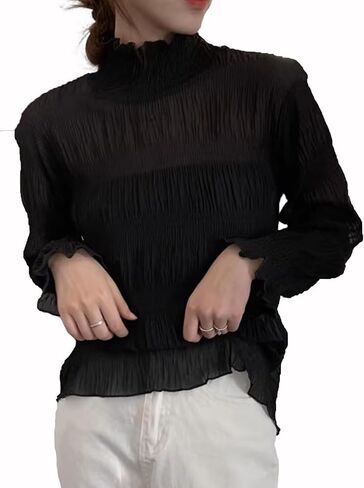 Women Ruffle Trim High Necked Cute Blouse Lantern Long Sleeve Tops Vintage Shirts in Kuwait