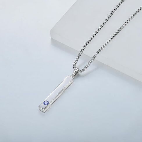 925 Sterling Silver Birthstone Bar Necklace for Womens Mens, 24" Rolo Chain Created Birthstone Jewelry in Saudi Arabia