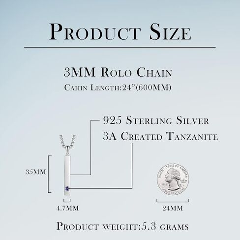 925 Sterling Silver Birthstone Bar Necklace for Womens Mens, 24" Rolo Chain Created Birthstone Jewelry in Saudi Arabia