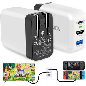 65W Switch Dock Charger Compatible for Nintendo Switch Compatible with Switch OLED/Steam Deck/ROG Ally/iPhone 15 /MacBook/Samsung/4K 60Hz USB C TV Docking Station, with Fast Charging (Black White)
