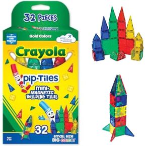 CreateOn Crayola Mini Magnetic PIP-Tiles, Building Set for Kids, Magnetic Building Toys for Kids, STEM Toys for Boys and Girls Ages 3+, 32-Piece Set (Bold)
