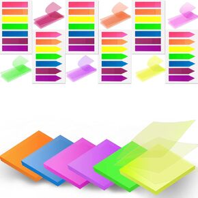 iKyce 380 Pieces Transparent Sticky Notes Pads Set， Clear Self-Adhesive Arrow Annotation Tabs, Translucent Color Memo Message Reminder Flags, See Through Office & School Supplies