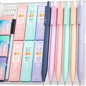 Nicpro 6PCS Pastel Mechanical Pencil Set with Case, Cute Drafting Pencils 0.5mm & 0.7mm with 6 Tubes HB Lead Refills, Erasers, Eraser Refills, Aesthetic School Supplies for Girls Drawing Sketching