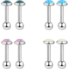 4 Pairs Opal Ear Stud Cartilage Earrings Set Stainless Steel Barbell Studs Earring Helix Tragus Lobe Piercing Jewelry