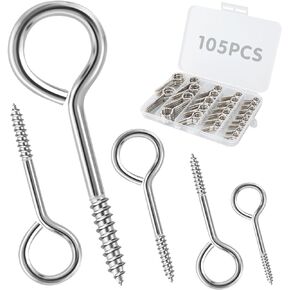 Vutim 105PCS Screw Eye Hooks, Eyeglass Hooks, Metal Small Eye Screws, 5 Different Sizes Mini Screw Eye Hooks for Hanging Wind Chimes, Light Strings,Photos, Bird feeders, Holiday Ornaments, DIY Tools