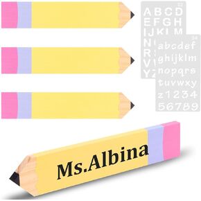 gyepin 4 Pcs Personalized Pencil Teacher Name Plates and 2 Pieces Marker English Templates,Teacher Appreciation Presents Blank Wooden Shaped Plaque Desk Signs Back to School Classroom Decor