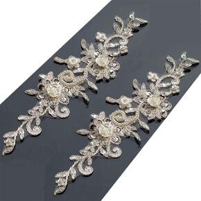 Bling Paillette Rhinestones Lace Appliques Pearl Beaded Bridal Sash Belt Applique Sewing Patch for DIY Wedding Dress Shoes Ivory (1 Piece)