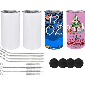 JYLJINGYULI 4 pack 12 oz Sublimation Tumblers Blanks, 12oz Sublimation Tumbler Cups Blank Bulk, Straight Skinny Insulated Cup Stainless Steel Water Bottle with Lid and Straw for Craft DIY
