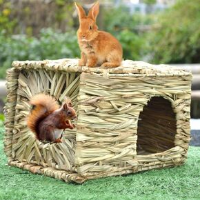 Rabbit Grass House - Natural Hand Woven Seagrass Play Hay Bed Hideaway Hut Toy for Bed Hay Mat ChewHamster Guinea Pig Chinchilla Bed Hut with Openings Playhouse for Small Anim nd Sleeping