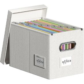 DYWMM Hanging File Filing Box with Lid, Linen Collapsible File Organizer Box for Hanging Folder, Office/Home Decorative Storage Boxes Filing Cabinet(Beige)