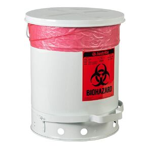 Justrite 05930 Galvanized Steel Biohazard Waste Container with Foot Operated Cover, 10 Gallon Capacity, 13-15/16" OD x 18-1/4" Height, White