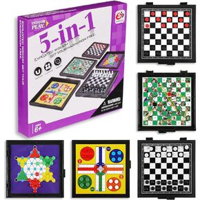 5 in 1 Small Magnetic Checkers Board Game Set Travel Game Road and Flight Trip Essentials Magnetic Travel Chess Checkers for Trip Camping Activities Party Game for Adults and Teens