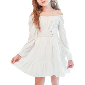 Simplee kids Girls Ruffle Tiered Smocked Puff Long Sleeve Dress White Size 4 to Size 15