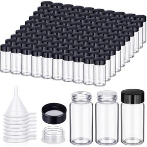 Ziliny 100 Pack 20 ml Glass Vials Clear Small Empty Glass Sample Bottles with Screw Cap Plastic Stoppers, Shims and 10 Plastic Mini Funnels, Sample Leakproof Small Vials Storage Container