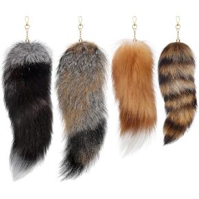 Ferreve 4 Pcs Huge and Fluffy Real Fox Tail Keyring Fur Tail Keychain Handbag Accessory Hook Pendant Hanging Charm Halloween Cosplay Fox Costume Gift for Women Men Kids Adult, 2 Sizes
