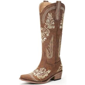 Lumeheel Cowboy Boots for Women - Knee High Western Cowgirl Boots, Sparkly Rhinestone Retro Country Boots with Classic Embroidered, Pointed Toe Chunky Heel Pull on Zipper Fashion Vintage Tall Boots