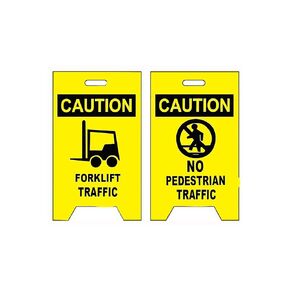 لافتة أرضية مزدوجة الجوانب NMC FS34، Legend "CAUTION - FORKLIFT TRAFFIC NO PEDESTRIAN TRAFFIC" مع رسم، طول 30.48 سم × ارتفاع 50.8 سم، كوروبلاست، أسود على أصفر in Saudi Arabia