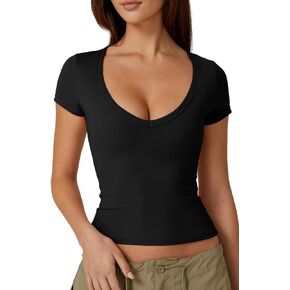 QINSEN Women's Sexy Deep V Neck T Shirts Double Lined Short Sleeve Crop Tops Casual Basic Going Out Top