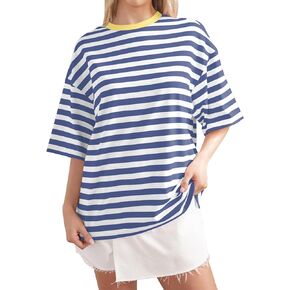 TERIVEEK Women Oversized Striped Color Block Short Sleeve Crew Neck T-Shirts Casual Loose Pullover Tops Summer Tee Shirt