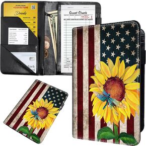 Qindaiwen Server Book for Waitress, 5.5x9" PU Leather Waiter Books, Restaurant Guest Check Organizer and Zipper High Volume Pocket Server Wallet for Waitress Apron,Sunflower Butterfly