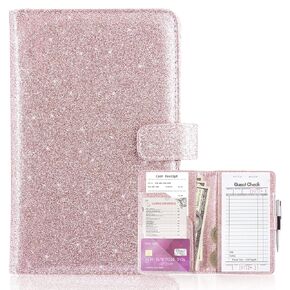 MCmolis Server Books for Waitress - Leather Waitress Book Server Wallet with Elastic Bandage Closure - Organizer with Money Pocket Fit Server Apron - Sparkly Serving Accessory-Glitter Grey