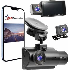 USARemote 2K 3Channel Dash Cam WDR 1440P+1080P Front and Rear Inside 3 Inch Screen, G Sensor Motion Dectection and Loop Recording, Reverse Car Camera Dashcam, GPS Suction Mount, USB Type C for Cars