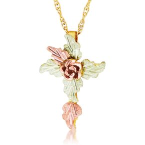 Black Hills Gold Jewelry 10k Yellow Gold 3D Rose Cross Pendant Necklace for Women, Teen Girls, 12k Green and Rose Gold Flower Accents with Jewelry Box and 18 Inches Chain