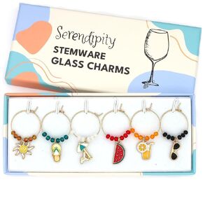 Summer Wine Glass Charms, Set of 6 include: Sun bed, Sun, Flipflop, Cocktail, Watermelon and Sunglasses, Set of 6 Summer Gold Enamel Stemware Identifiers