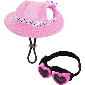 choyaxo Dog Sun Hat Set Including Dog Visor Sunbonnet Outfit with Ear Holes Dog Sunglasses Dog Baseball Cap for Puppy Small Dogs Outdoor UV Protection(Pink)