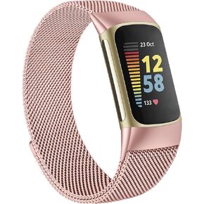 MVSSAT Metal Bands Compatible with Fitbit Charge 5 Bands for Women Men, Adjustable Stainless Steel Magnetic Lock Breathable Mesh Wristband Strap