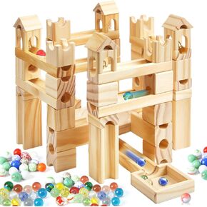 Gemscream Wooden Marble Run for Kids Ages 4-8, 120 Pieces Wood Building Blocks and Construction Play and Glass Marbles Set, Marble Track Maze Game STEM Learning Toys Gifts for Boys Girls