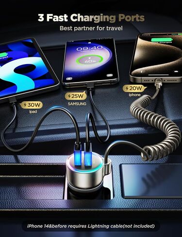 شاحن سيارة USB C 60 وات فائق السرعة PD& QC3.0 مع كابل ملفوف من النوع C بطول 5 أقدام 30 وات، محول شاحن هاتف السيارة لهاتف iPhone 15 Pro Max Plus، Samsung Galaxy S24/S23/S22، Google Pixel/Moto/LG/Android، iPad Pro... in Kuwait